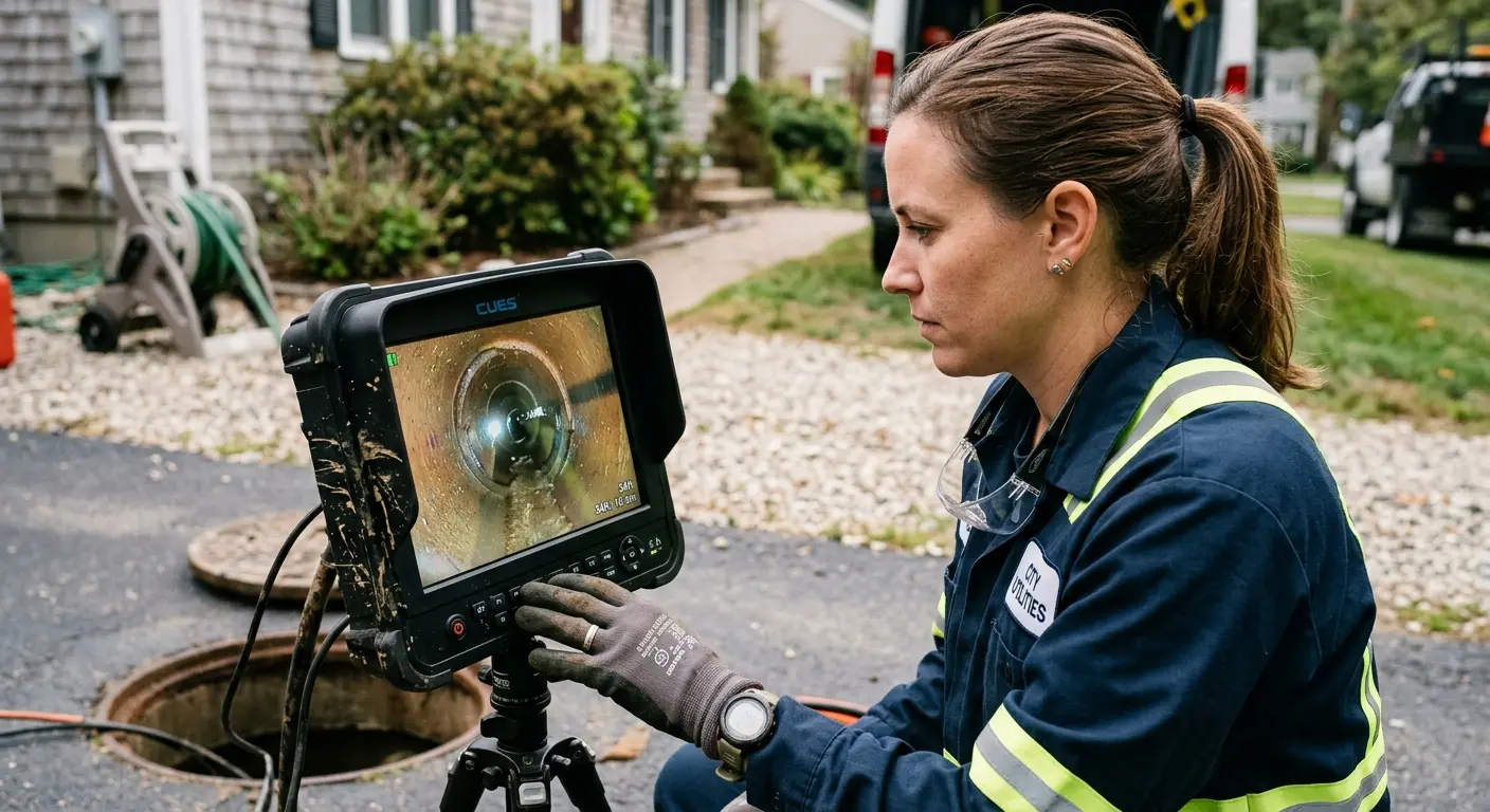 Technician reviewing sewer camera inspection footage in Fort Irwin
