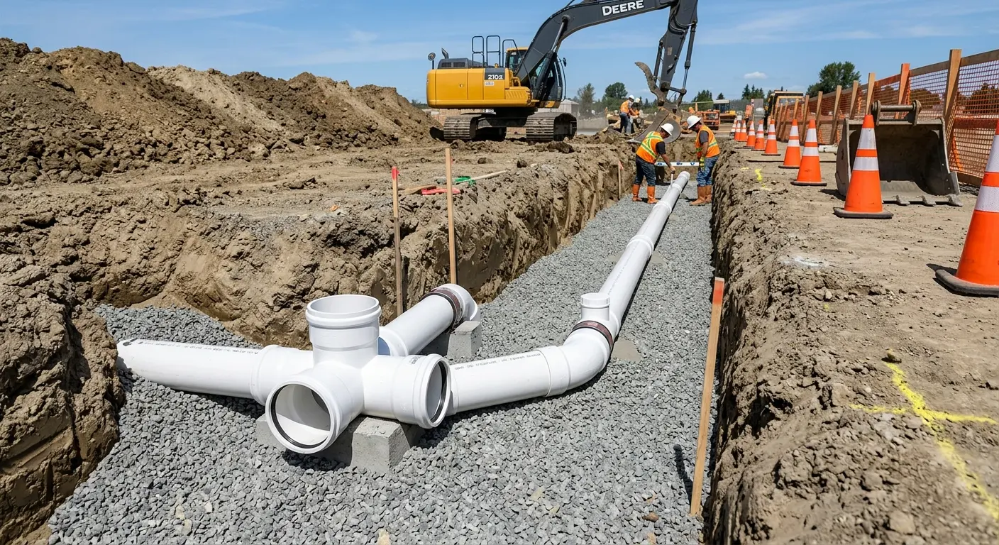New PVC sewer pipe installation in open trench for Sewer Backup in Fort Irwin