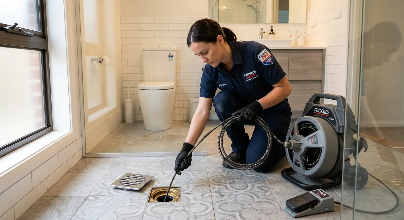 Technician clearing a bathroom floor drain for Hydro Jetting in Fort Irwin